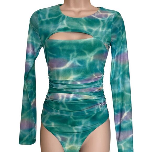 New without tags Bar lll XS sheer sleeves Chic Teal purple Top bodysuit - Picture 1 of 6